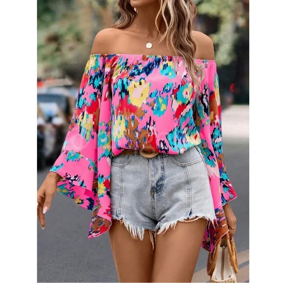 Pink Off Shoulder Abstract Print Flared Sleeve Shirt Top - Picture 3 of 8
